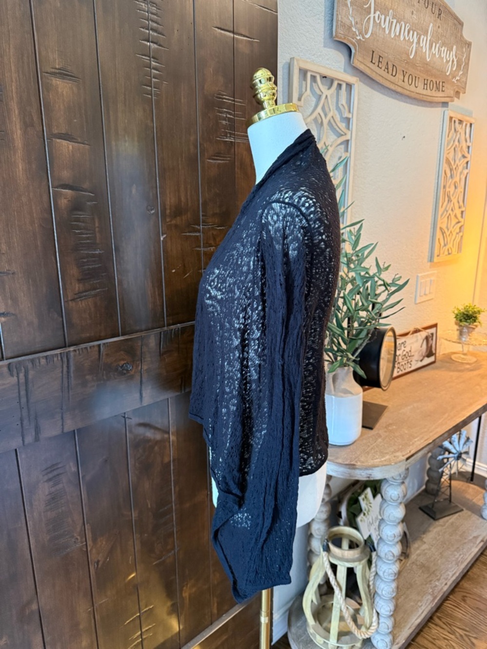 Y2K Vintage Moda International Black Sheer Lace Open-Front Draped Cardigan - Picture 2 of 4